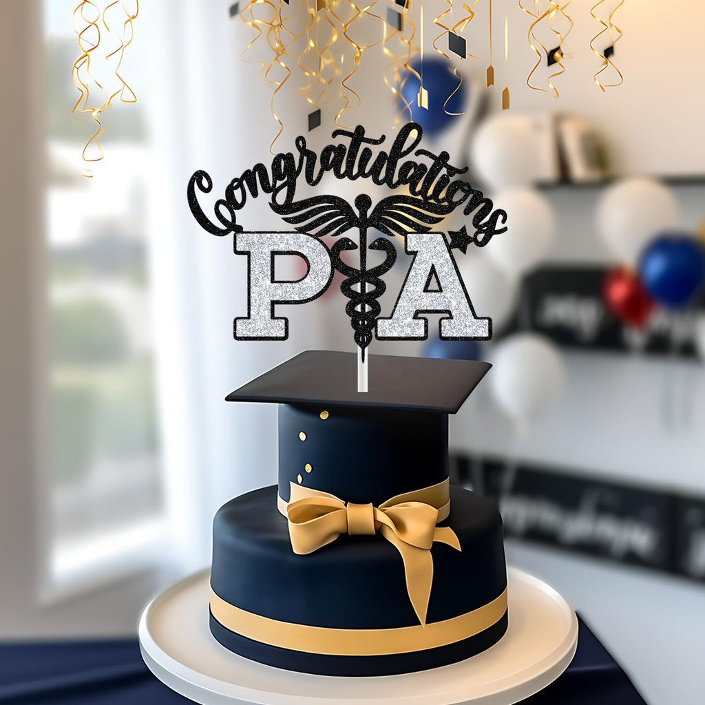 PA Cake Topper - Graduation Decorations 2025 | Congrats Nurse/Doctor, Black & Silver Glitter
