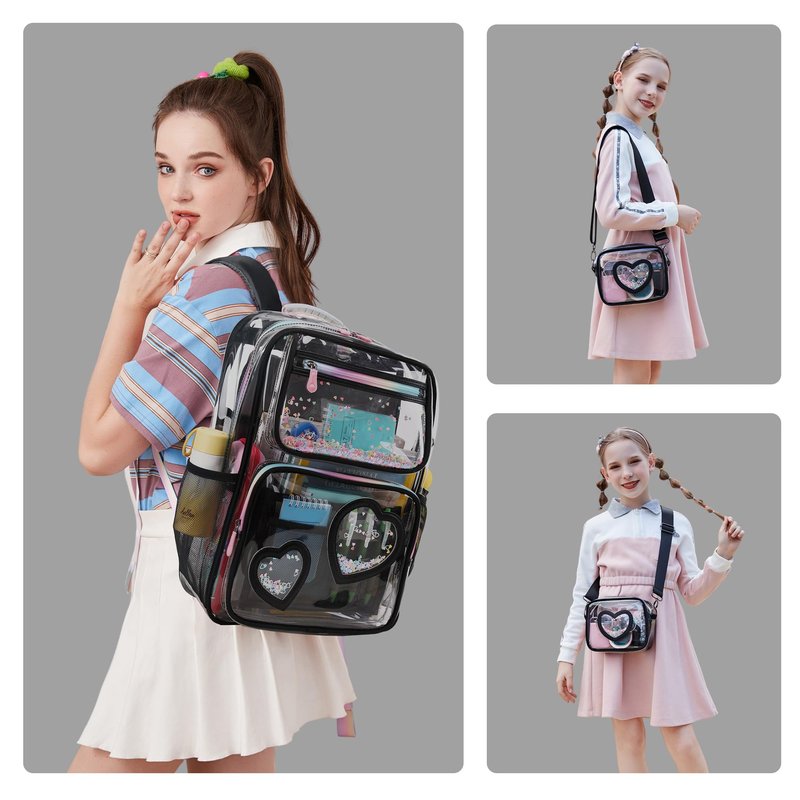 Clear Backpack for Girls,Transparent Backpacks Crossbody Bag for Kids Elementary School Student,Heavy Duty See Through Daypack 2PCS Bookbag Stadium Approved for Teen,College,Work,Travel,Concert Black