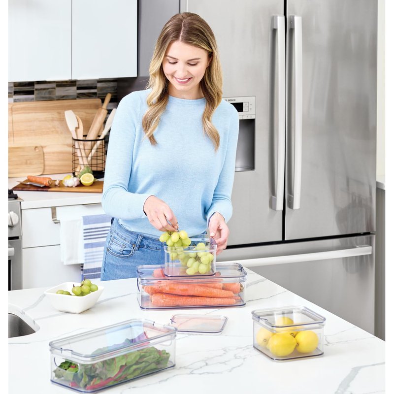 iDesign Crisp 4-Piece Recycled Plastic Refrigerator Organizer Bin Set with Lids, Clear/White