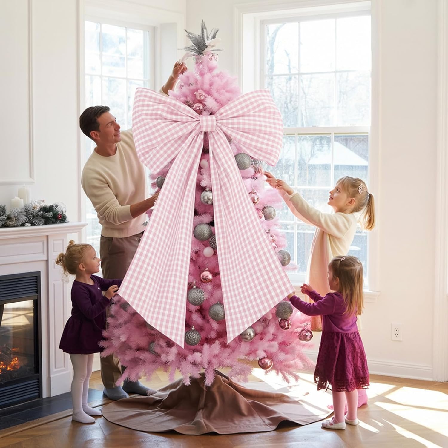 Skiennix Giant Pink & White Checkered Bow - Perfect for Girls' Birthday Party Decor | Textured Cotton, Large Size