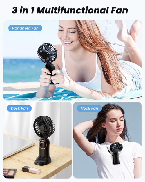 coldSky Portable Handheld Fan - 4000mAh Battery Operated 3-in-1 Travel Fan | 90° Foldable Desk Fan (Black)