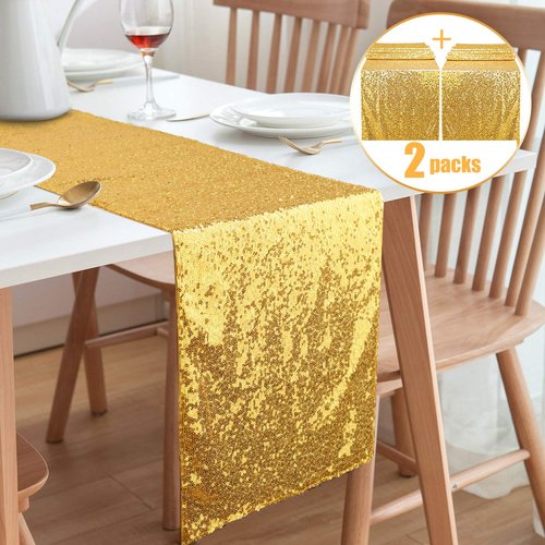 yuboo Gold Sequin Table Runners, 2 Pack Glitter 12''x108'' Table Cloth for Graduation Decorations/Birthday/Wedding/Bridal Baby Shower/Christmas Gold Party Decorations