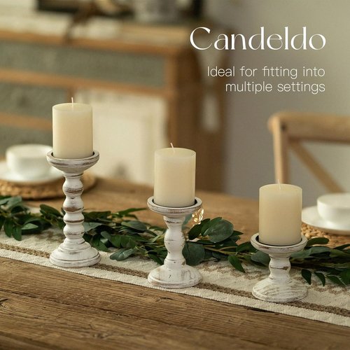 Candeldo Wood Candle Holders - Rustic Pillar Candle Holder Set of 3 | Tall Shabby Chic Decor for Farmhouse Mantle