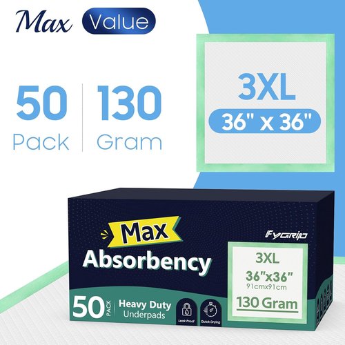 Fygrip Washable Underpads - 36” x 54” Extra Heavy Absorbency & 50 Count Disposable Underpads - 36” x 36” Max Absorbency