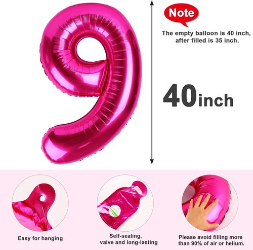 Hot Pink Number 9 Balloon by [Brand Name] - 40 Inch Party Decoration for Birthdays, Weddings & Graduations