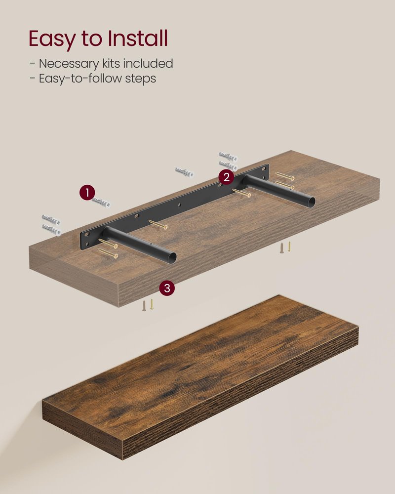 VASAGLE Wall Shelves Set of 5, Floating Shelves, Wall Mounted, 7.9 x 23.7 x 1.5 Inches, for Picture Frames, Decor, Living Room, Kitchen, Rustic Brown ULWS076B01
