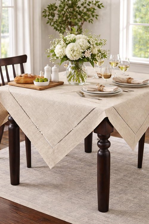 Fennco Styles Handmade Hemstitch Design Natural Tablecloth. One Piece (80" Square)