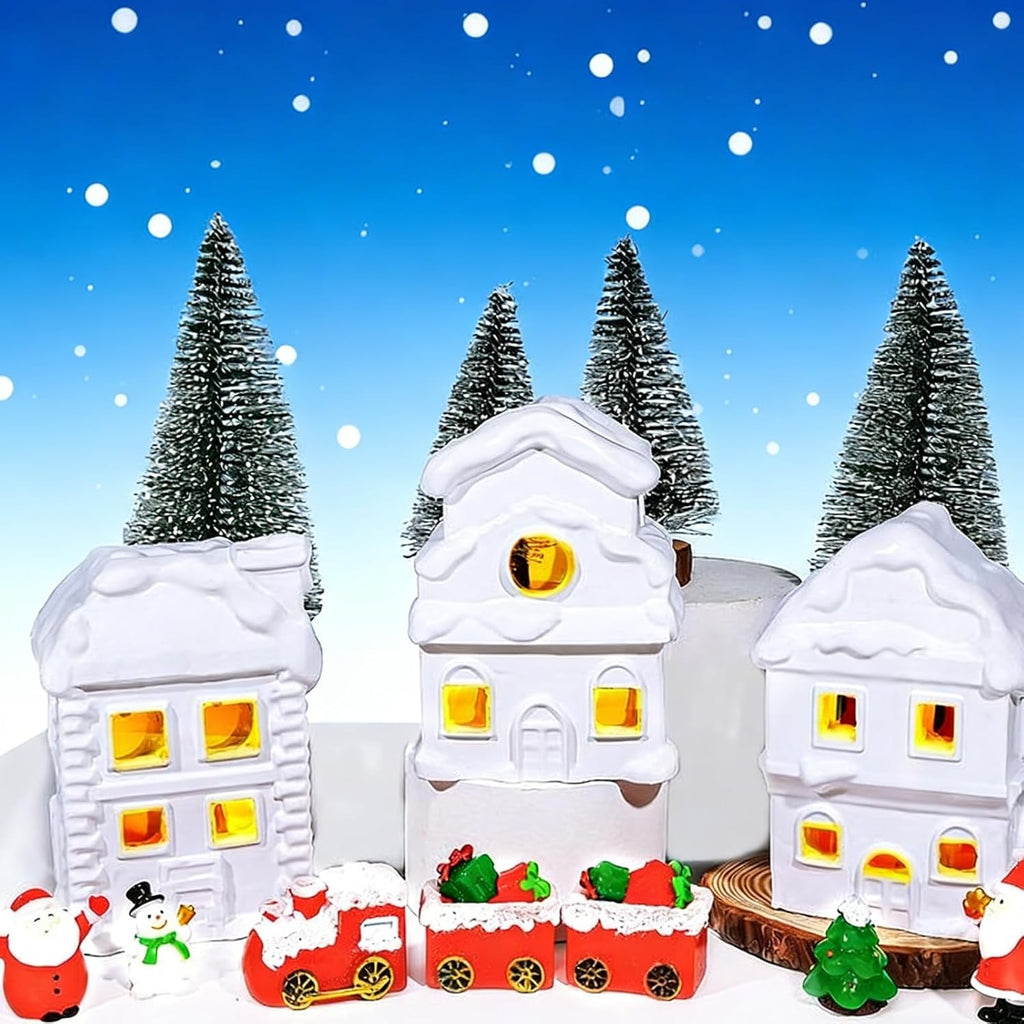 Wowagoga Ceramic Christmas House Village Set - 21 Pcs White Resin Figurines with Light-Up Feature | 4.3 Inch Decor