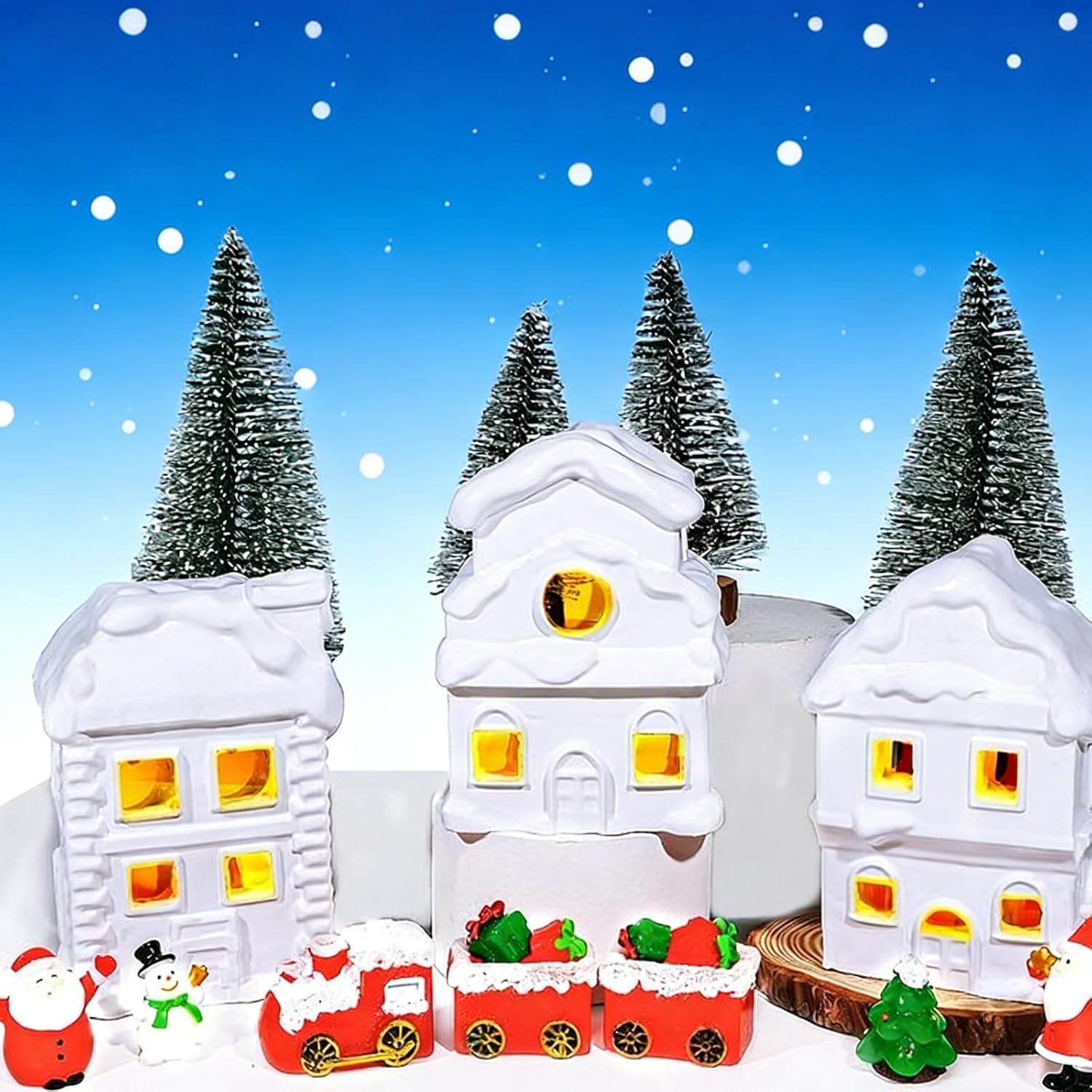 Wowagoga Ceramic Christmas House Village Set - 21 Pcs White Resin Figurines with Light-Up Feature | 4.3 Inch Decor