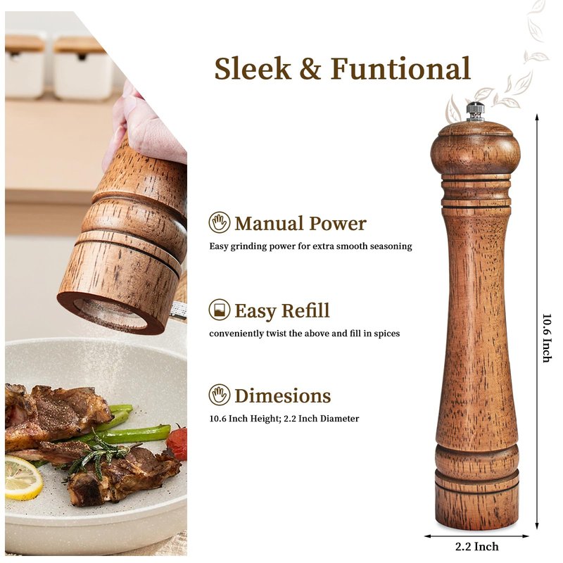 XWXO 1 Pack - 10 Inch tall Wooden Pepper Mill or Salt Mill Elegan Pepper Grinder Wood with a Adjustable Ceramic Rotor and Easily Refillable - Oak Wood Salt Grinder for Your Kitchen