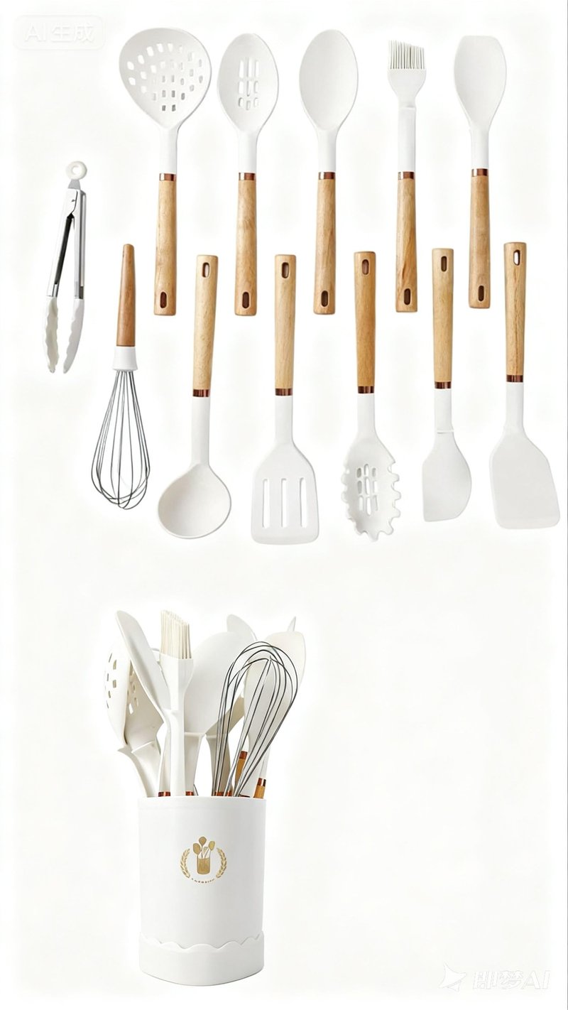 Jiufei Home 13-Piece Silicone Kitchen Utensils Set, Wooden Handle Nonstick Cooking Tools with Spatula Turner Tongs Ladle, Heat Resistant 450°F BPA-Free Dishwasher Safe Cookware Accessories (White)
