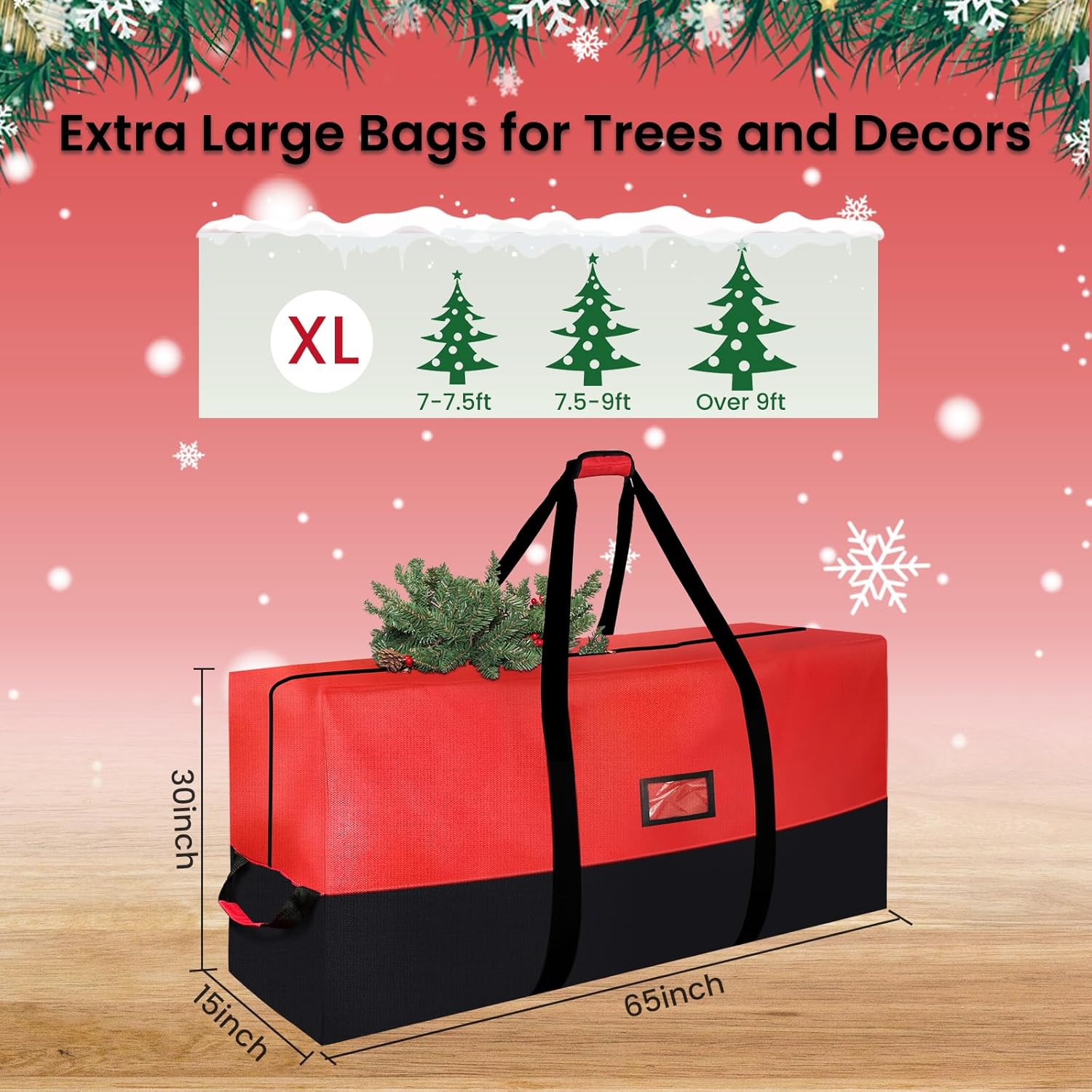 Skiennix Heavy Duty Christmas Tree Storage Bag - Waterproof & Durable for Trees Up to 9ft | Black & Red