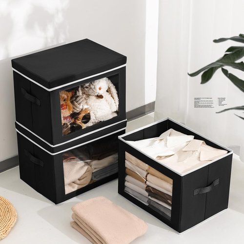 Homsorout Large Storage Bins - Collapsible Fabric Cubes with Lids & Window, 15.7 Inch, Black | 6 Pack