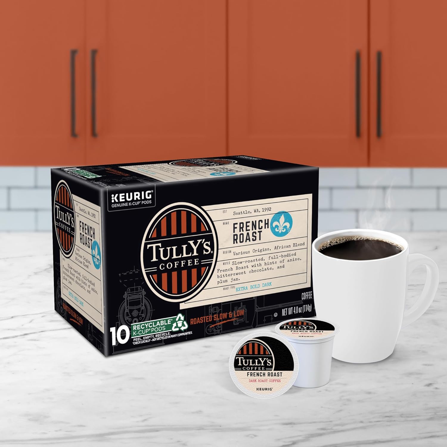 Tully's Coffee French Roast K-Cup Pods - Dark Roast Coffee, 60 Count (6 Packs of 10)