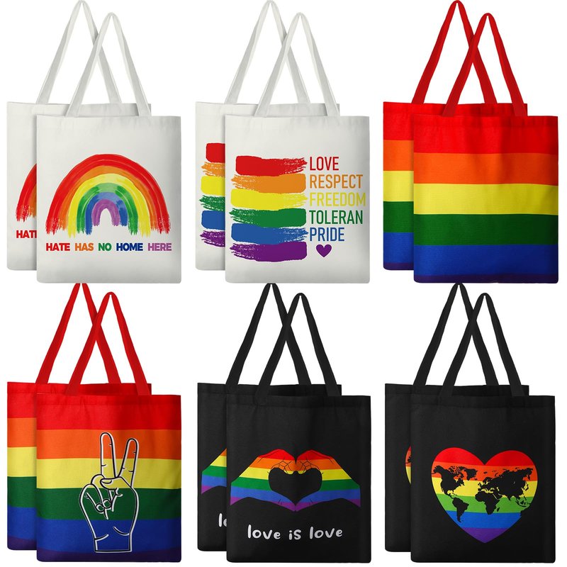 Wovnet 12 Pieces Rainbow Flag Canvas Tote Bags Pride Day Gift Bags Bulk Canvas Handbag for LGBTQ Pride Party Supplies (Pride Day)