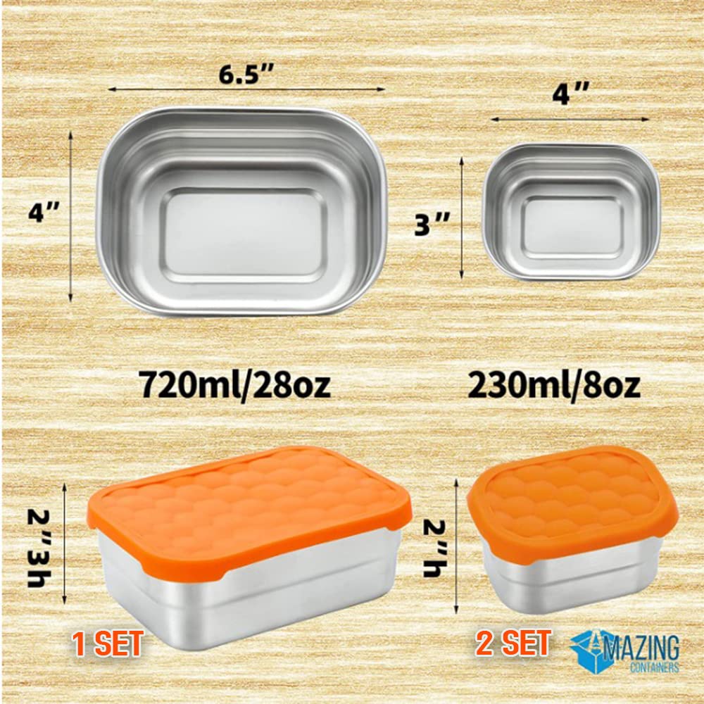 AMAZING CONTAINERS|Stainless Steel Food Containers with Lids Set of 3 (28 oz, 2X 8 oz) | Steel Lunch Container for Kids and Adults | Metal Snack Container Leakproof Lunch Box Sandwich Containers