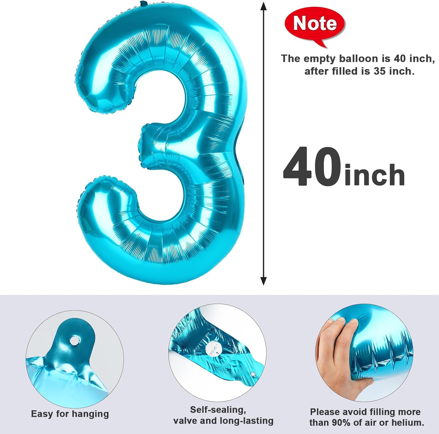 Numbers Balloon - 40 Inch Large Light Blue Balloon for 3rd Birthday Decor | Perfect for Celebrations