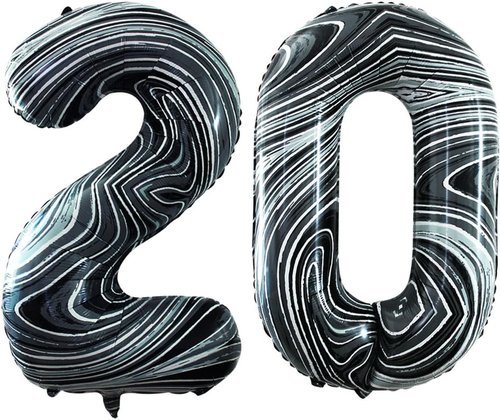 GOER 20th Birthday Balloons - Jumbo 42 Inch Marble Black Foil Helium Balloons for Party Decorations