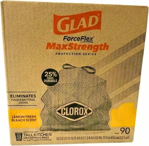 Glad ForceFlex MaxStrength Kitchen Drawstring Trash Bags - Lemon Fresh Scent | 13 Gallon, 90 Count