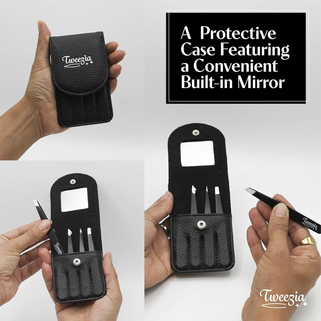 TWEEZIA Stainless Steel Tweezer Set - 4 Precision Tweezers with Mirror & Leather Case | Ideal for Eyebrows, Ingrown Hairs, and Splinters