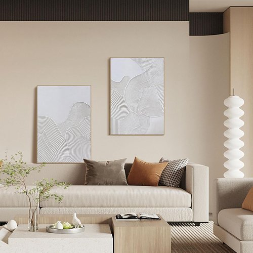 Framed Neutral Abstract Wall Art by [Brand Name] - Large 3D Curve Canvas Decor | 2-Piece Set, 28 x 40 Inch, Ready to Hang for Living Room, Bedroom, Office