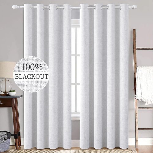 MIULEE 90-Inch Linen Texture Blackout Curtains - Thermal Insulated Grayish White Grommet Panels (Set of 2)