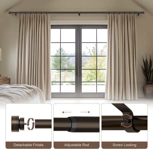 Lootkell Antique Brown Bronze Curtain Rods - Adjustable 66 to 120 Inches | Heavy Duty 1" Diameter with Decorative Finials