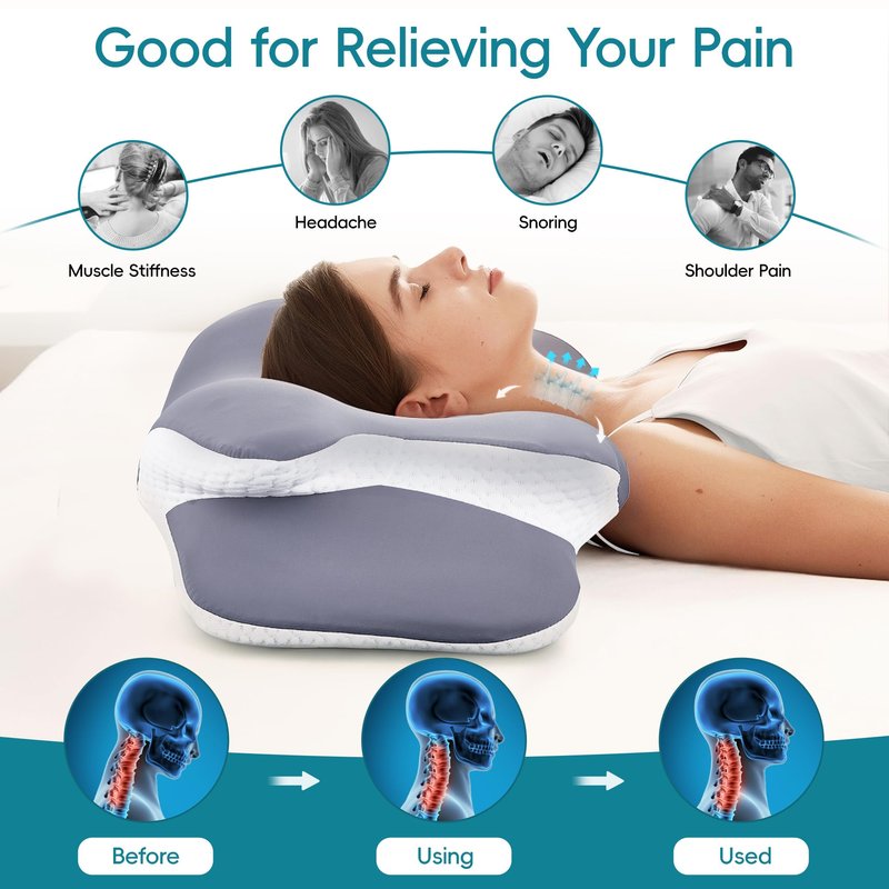 SHKJGS Cervical Neck Pillow for Neck Pain Relief & Support - Cooling Ergonomic Memory Foam Pillow with Dual-Height Contour & Ice Silk Cover for Side, Back, Stomach Sleepers,Grey