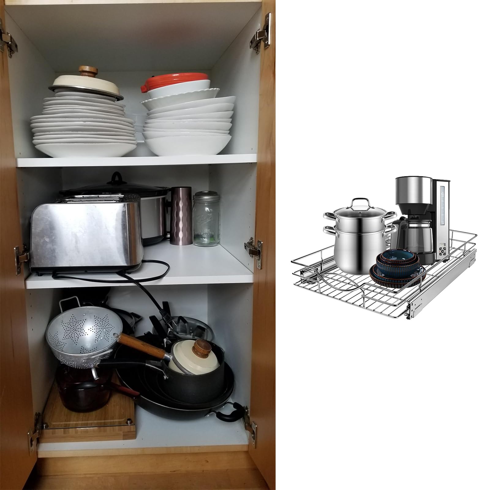 Sikarou Pull Out Cabinet Organizer 26" W x 21" D, Heavy Duty Kitchen Cabinet Pull Out Shelves, Slide Out Wire Basket for Kitchen Cabinets, Bathroom, Pantry, Chrome Finish