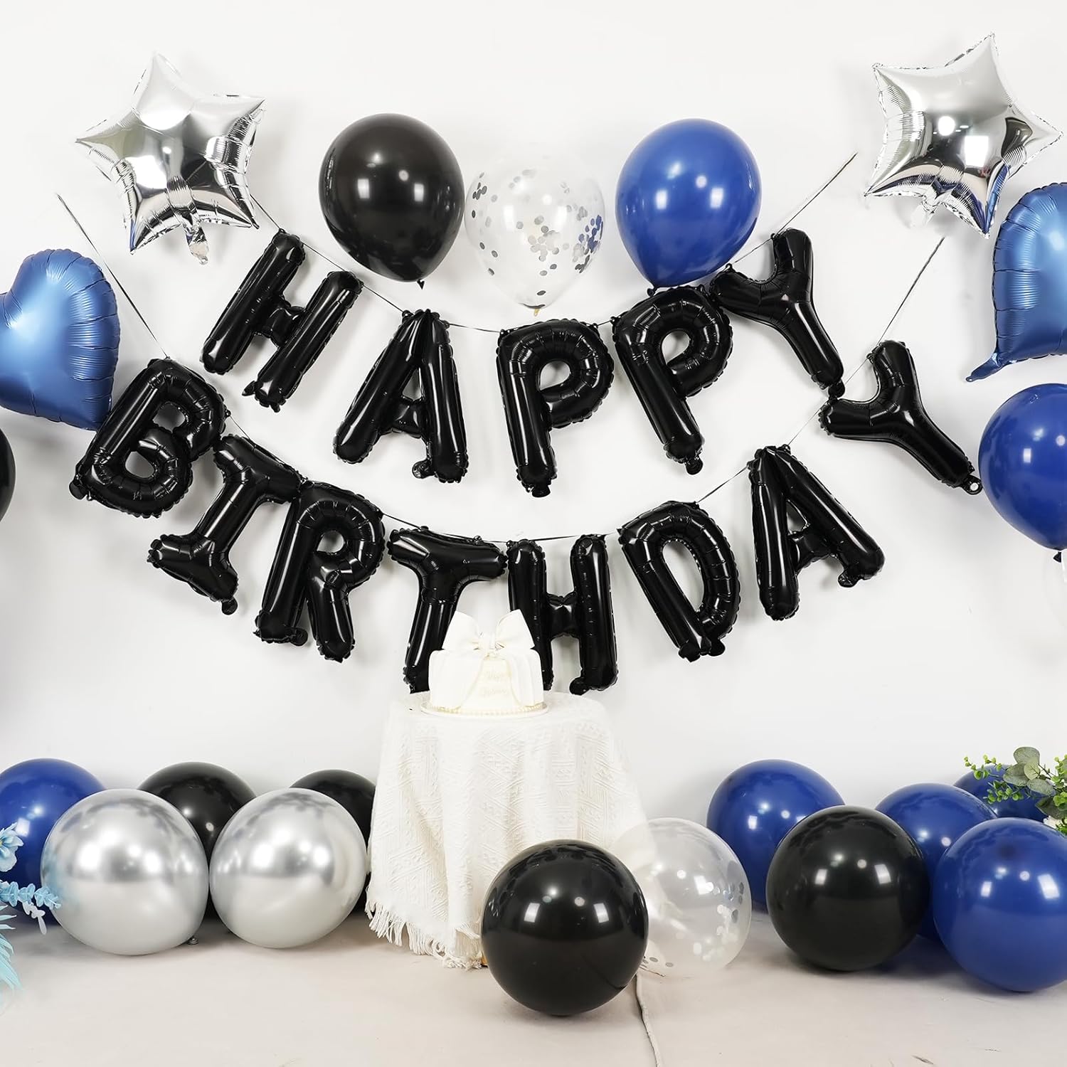 Skiennix Navy Blue & Black Birthday Decorations - Stylish Balloons & Banner Set for Men & Women