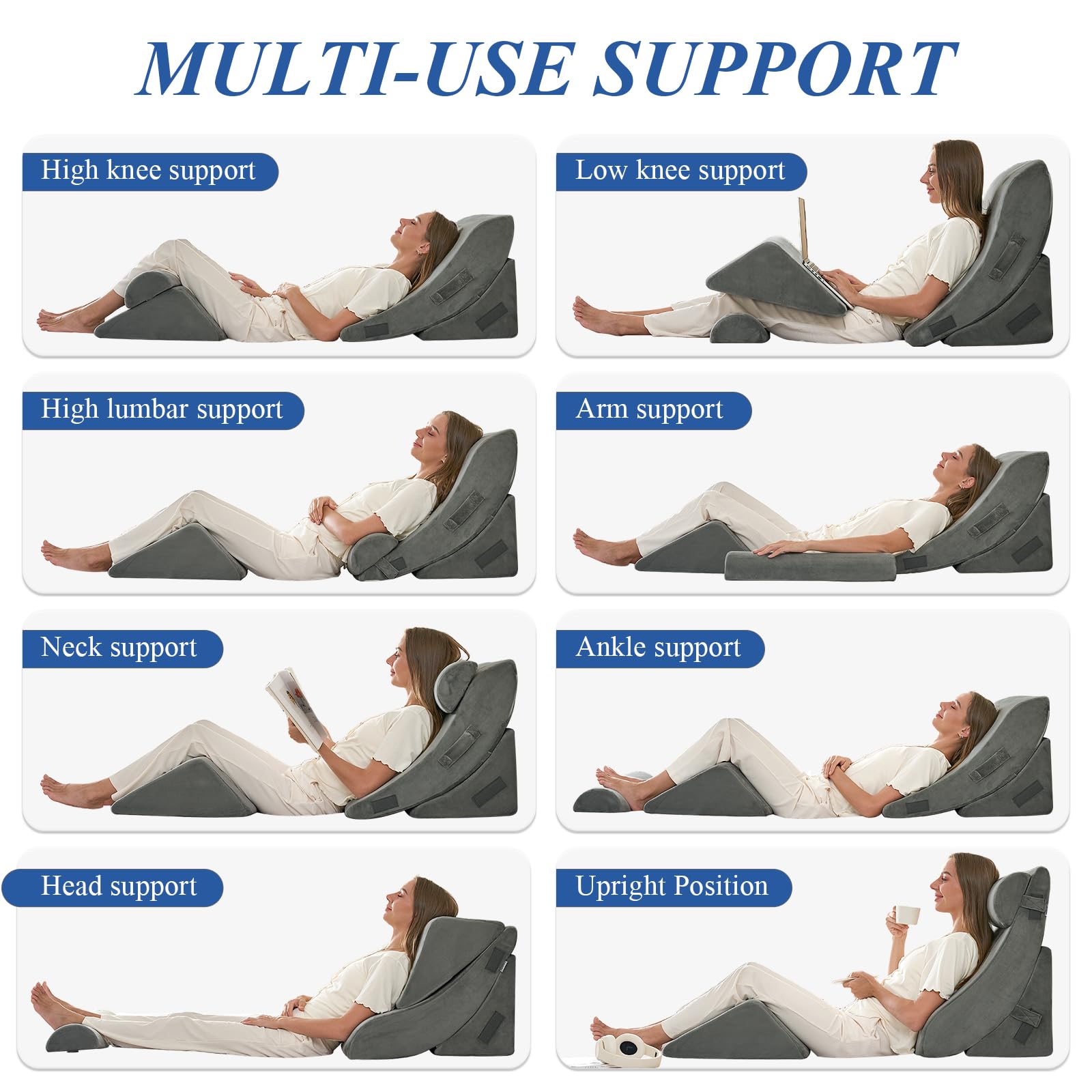 4PCS Orthopedic Bed Wedge Pillow Set, Post Surgery 45D Memory Foam for Back, Neck, and Leg Pain Relief Pleasing & Adjustable Support Pillows-Ease Acid Reflux & GRED with Better Sleep, Dark Grey