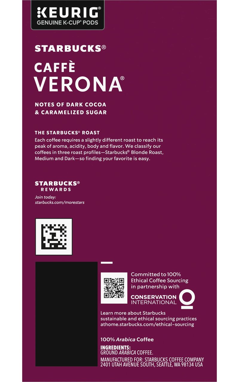 Starbucks Coffee K-Cup Pods, Caffè Verona, Dark Roast Coffee, Notes of Dark Cocoa & Caramelized Sugar, Keurig Genuine K-Cup Pods, 24 Count (Pack of 2)