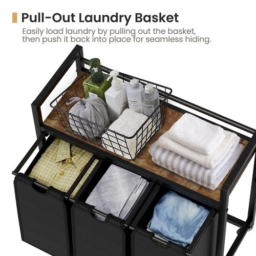 SwaaVee Laundry Hamper, Laundry Basket, Laundry Sorter with 3 Removable Bags, Clothes Basket with 3 Compartments, Wheels, Shelf for Laundry Room Bathroom Bedroom (3 Bags-Black)