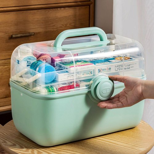 Family First Aid Box - 3-Tier Medicine Storage Container with Removable Pill Case | Green Plastic Organizer