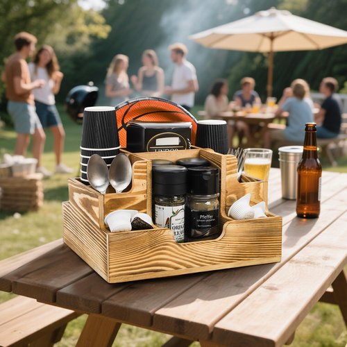 ZAVOOS Paper Plate Dispenser, Wood Rustic Utensil Holder Silverware Caddy for Cups Spoons Forks Napkins, Cutlery Flatware Organizer with 9 Compartments for Party, Kitchen Countertop, Camping, Buffet