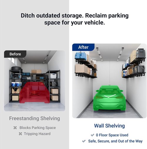 FLEXIMOUNTS Garage Shelving | Heavy-Duty Wall-Mounted Storage Rack - 1x3ft, Holds 150 lbs, Black