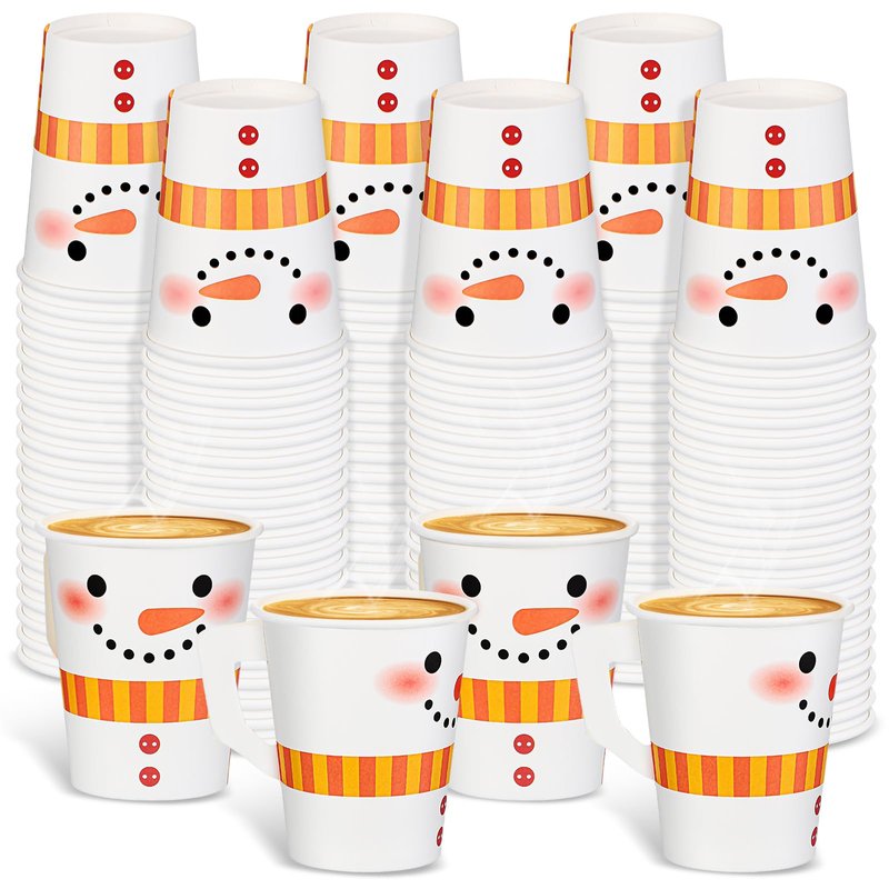 Zhehao 120 Pcs 9 oz Christmas Espresso Paper Cups with Handles Christmas Cups Disposable Tea Cups Disposable Coffee Mugs for Kids Adults Beverage Holiday Xmas Party Supplies (Snowman)