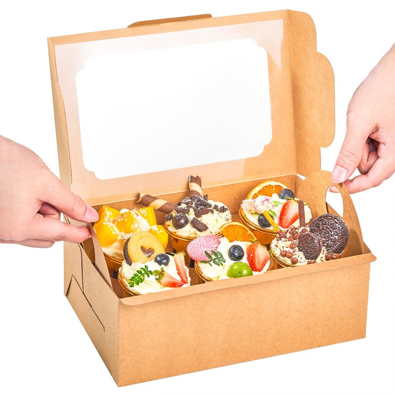 UnicoPak 20 Pack Brown Cupcake Boxes with Handle Tray - 4" Tall Large Muffin Boxes for 6 Cupcakes - Professional Food-Grade Cardboard Window Boxes for High Frosting, Toppers & Jumbo Treats