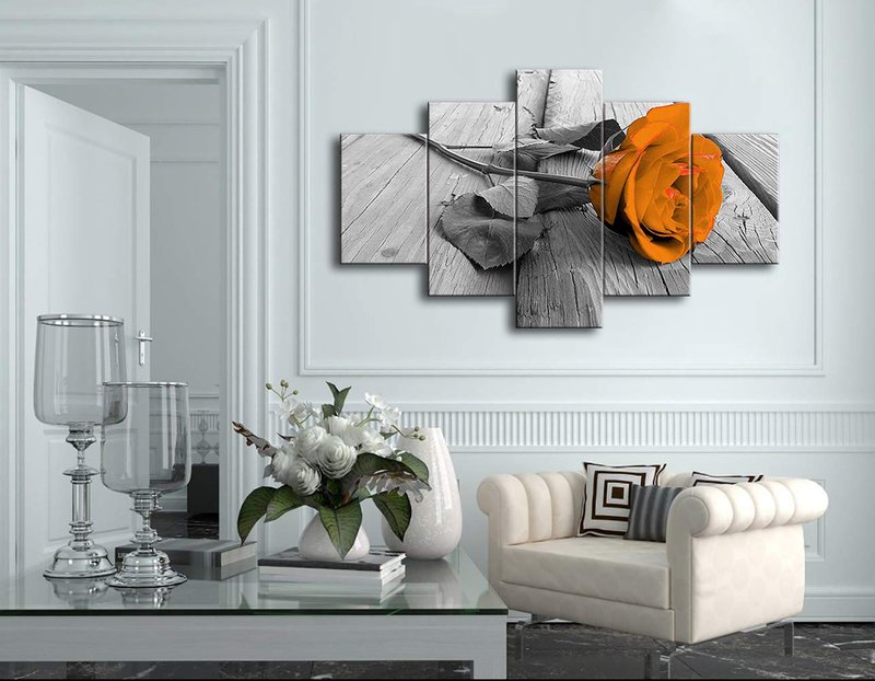 Orange Floral Flower Orange Rose 5 Pieces Modern Decorative Painting Canvas Wall Art for Living Room Bedroom Bathroom Stretched and Framed Ready to Hang (60''W x 32''H, Orange)