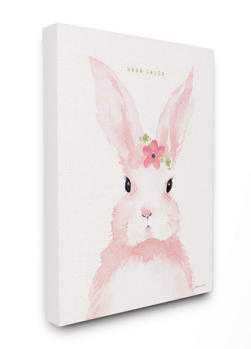 Stupell Industries Baby Lapin French Pink Watercolor Bunny with Flower Canvas Wall Art, 24 x 30, Multi-Color