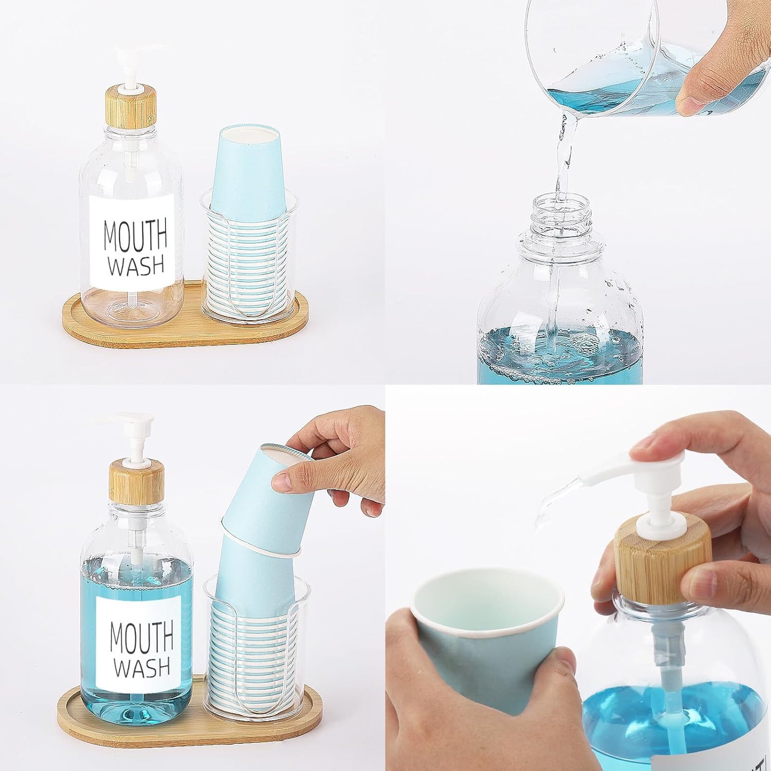 Regine Switzerland Mouthwash Dispenser - 17oz Refillable Clear Pump Bottle with Cup Holder & Tray