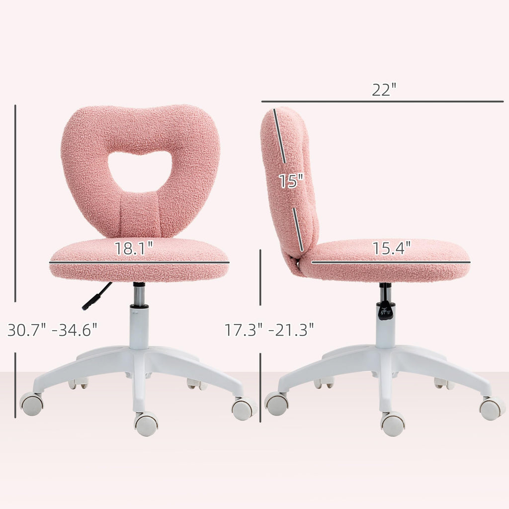 HOMCOM Armless Home Office Cute Desk Chair, Height Adjustable Computer Task Chair, Modern Teddy Fleece Heart Makeup Vanity Chair with Swivel Wheels, Pink