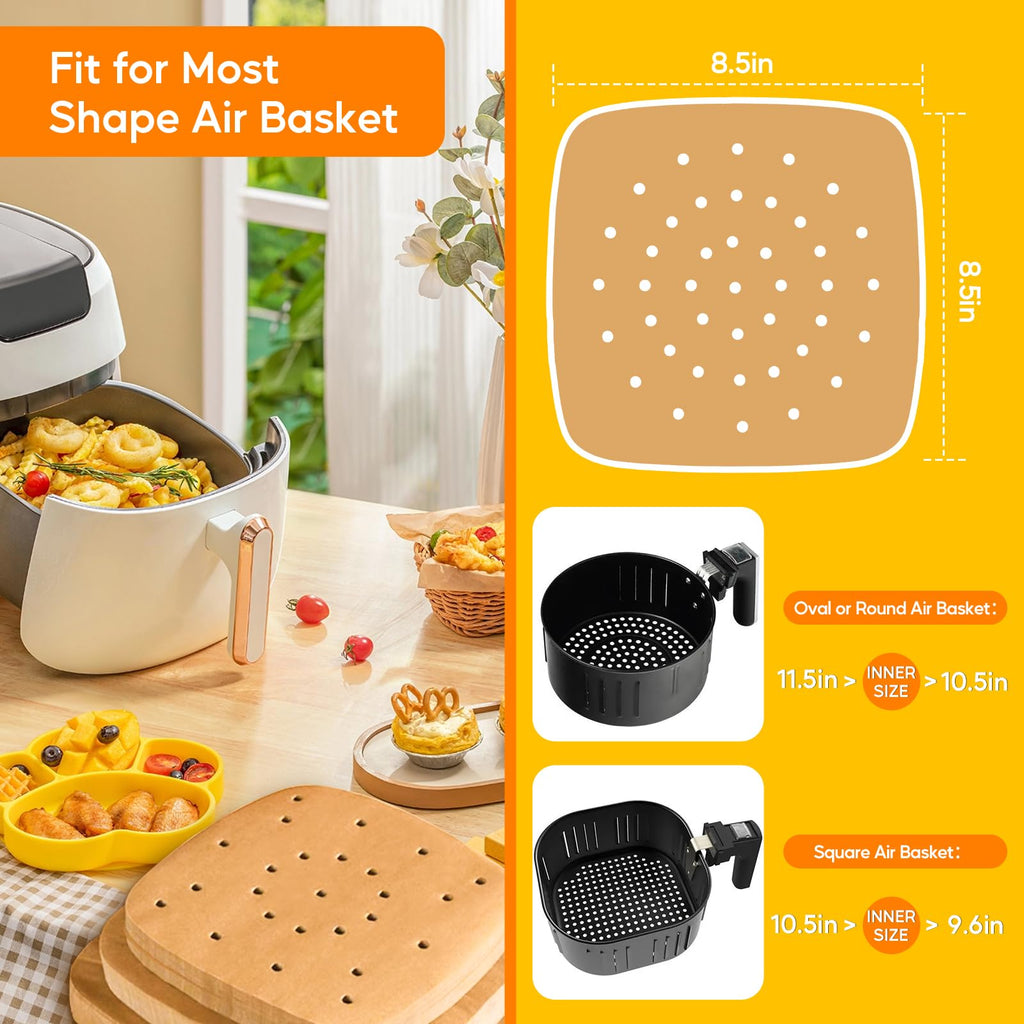 Katbite 200Pcs 8.5 inch Air Fryer Parchment Paper Liners, Unbleached Air Fryer Paper Liners Disposable，Non-Stick & Heavy Duty Square Perforated Parchment Paper for Steamer, Oven, Air Fryer