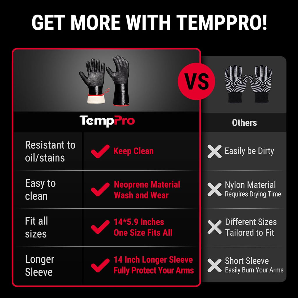 TempPro Heat Resistant BBQ Gloves - 932°F Waterproof Neoprene Oven Mitts | Slip-Resistant, 14" for Grilling & Fire Pit Use