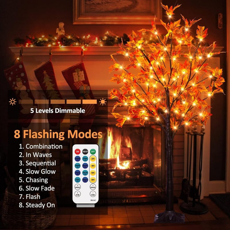5FT 90LED Fall Maple Tree Light - Thanksgiving Decor Artificial Fall Tree with 9 Acorn, Remote 8 Flashing Modes, Timing, DC 5V Safe for Wedding Outdoor Decor (Upgraded Silk-Screened Leaves)