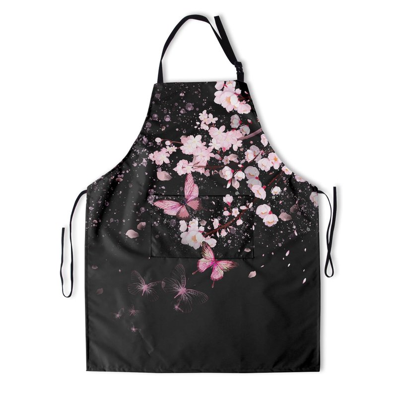 DZGlobal Cherry Blossom Apron with Pockets - Pink Flowers Black Cooking Aprons Adjustable Kitchen Bib for Men Women Chef Gardening Baking
