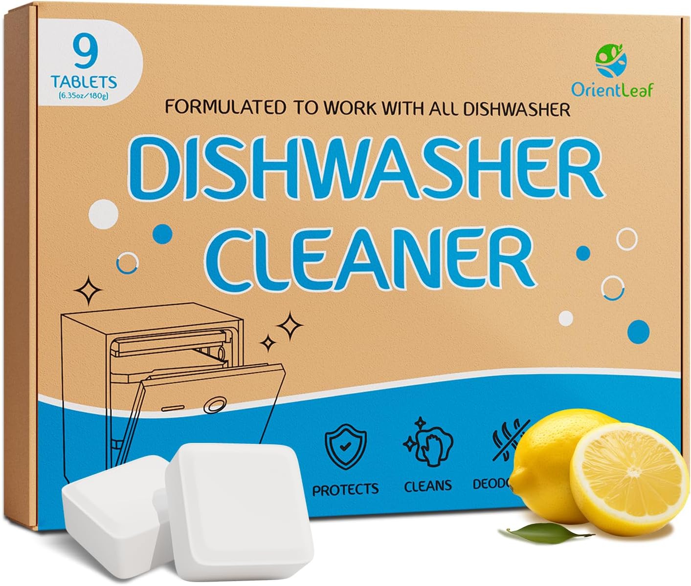 ORIENTLEAF Dishwasher Cleaning Tablets - Lemon Scent | 9-Month Supply & Deodorizer