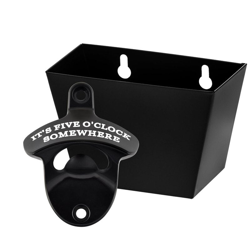 HAIICEN Black Wall Mounted Bottle Opener with Cap Catcher Stainless, IT'S FIVE O'CLOCK SOMEWHERE Screw in Wall Beer Cap Opener Bucket Gift
