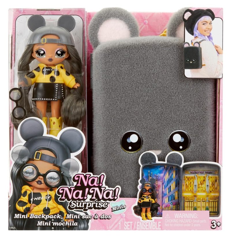 Na Na Na Surprise Mini Backpack Series 2 Marisa Mouse Fashion Doll, Fuzzy Gray Mouse Backpack, Gift for Kids, Ages 4 5 6 7 8+ Years