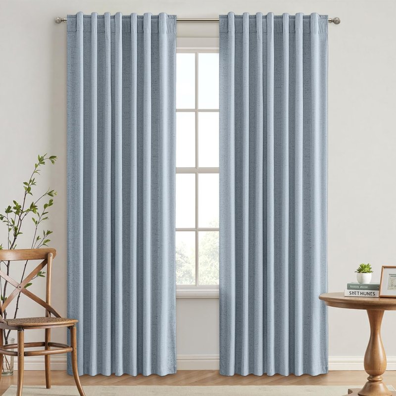 EMEMA Chambray Blue Linen Blackout Curtains 96 inches Long 2 Panels Set for Bedroom Back Tab Thermal Insulated 100% Black Out Drapes Pinch Pleated Hooks Room Darkening Window Curtain for Living Room